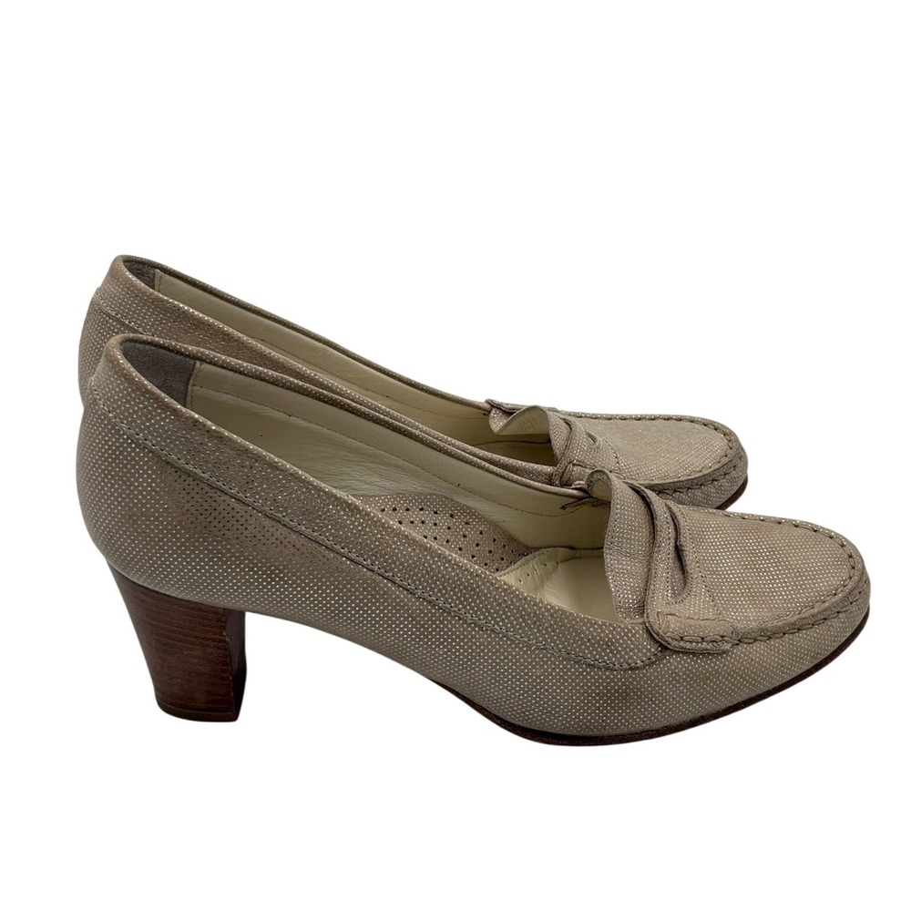 Taryn Rose‎ Metallic Champagne Leather Loafer Block Heels Made in Italy 3in Heel